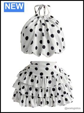 Winkbay Polka Dots 2 Piece Halter Crop Top Ruffle Skirt Set Y2K